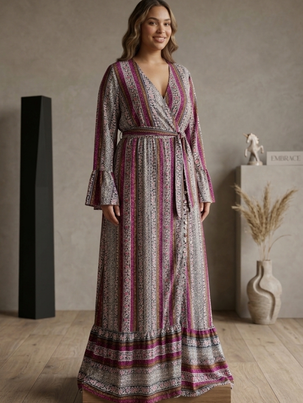 Striped Wrap Maxi Dress in Magenta and Cream